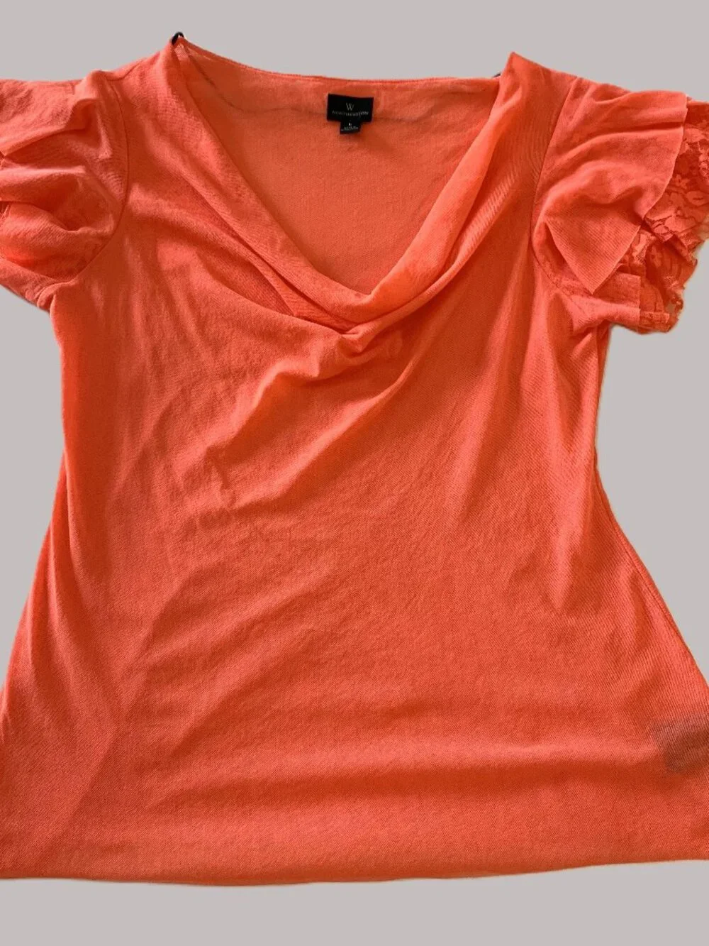 Worthington Orange Cowl Neck Blouse with Lace Flutter Short Sleeves Women L